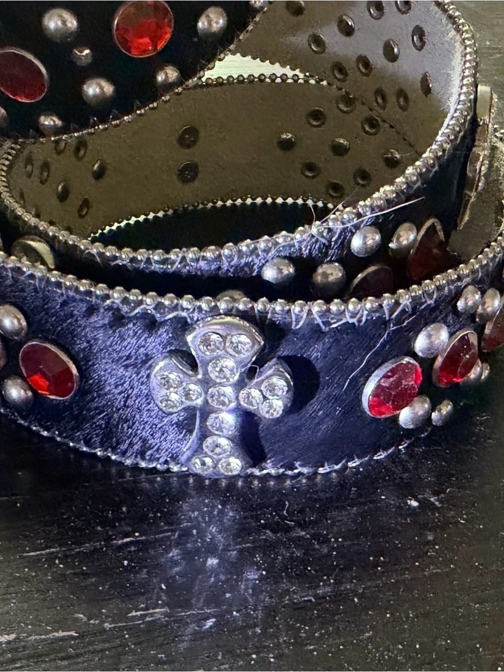 Black cowhide rhinestone crosses red stones western bling belt large